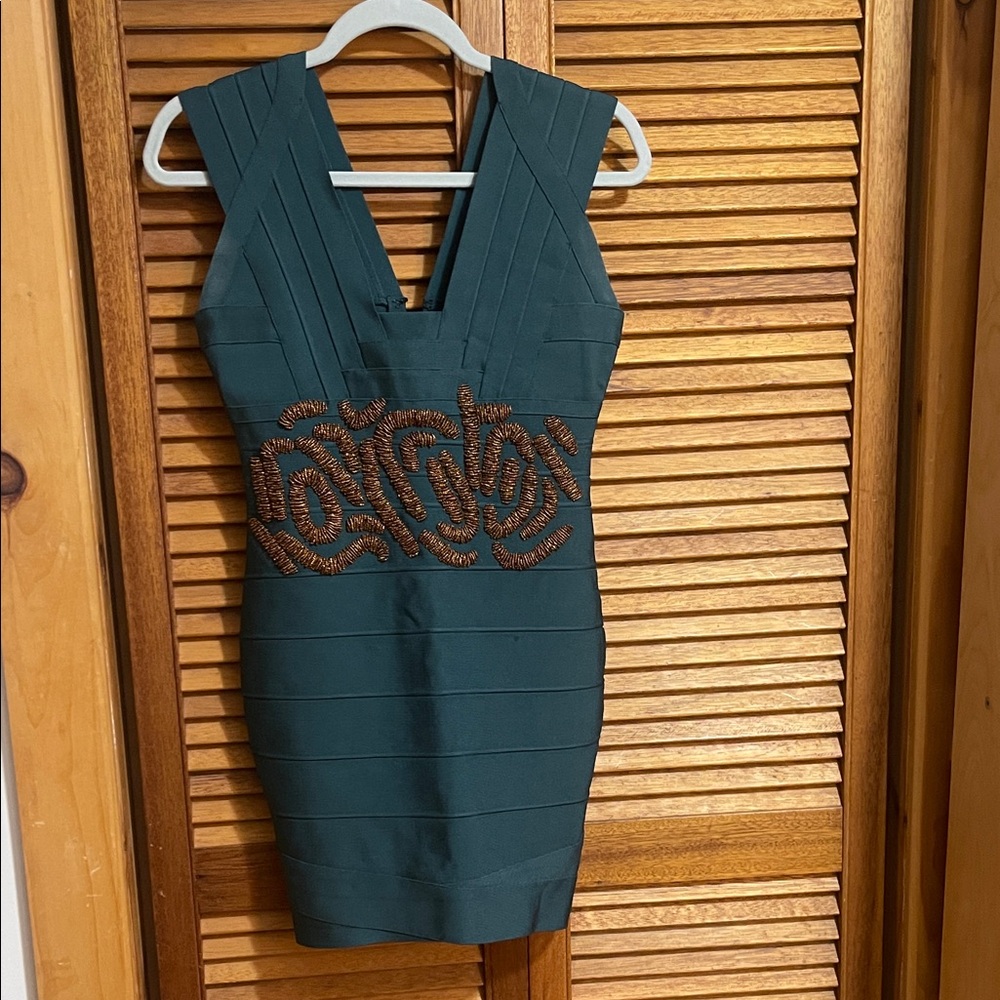 Herve Leger Vintage Elegant Teal and Brown Bandage Dress with Beautiful Beadwork